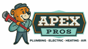 A cartoon bear in work clothes holds a red pipe wrench next to a sign that says "APEX PROS" with "Plumbing • Electric • Heating • Air" below.