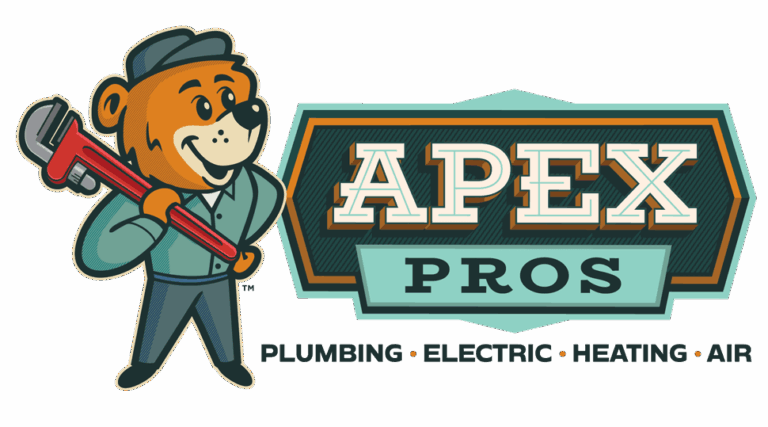 A cartoon bear in work clothes holds a red pipe wrench next to a sign that says "APEX PROS" with "Plumbing • Electric • Heating • Air" below.