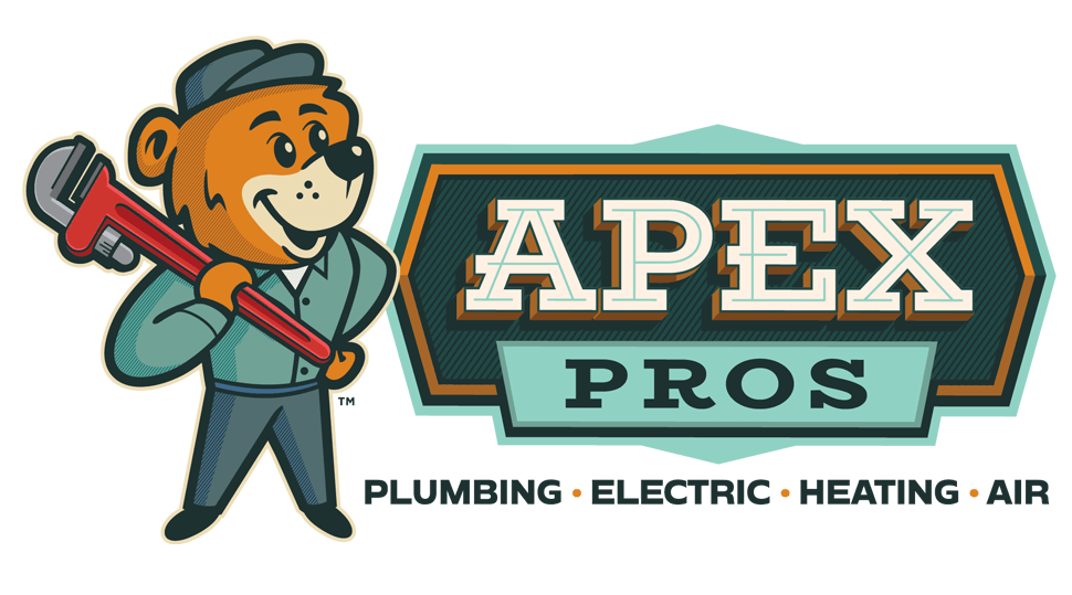 A cartoon bear in work clothes holds a red pipe wrench next to a sign that says "APEX PROS" with "Plumbing • Electric • Heating • Air" below.