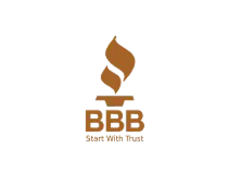 Brown BBB (Better Business Bureau) logo with a torch symbol above the letters "BBB" and the words "Start With Trust" underneath.